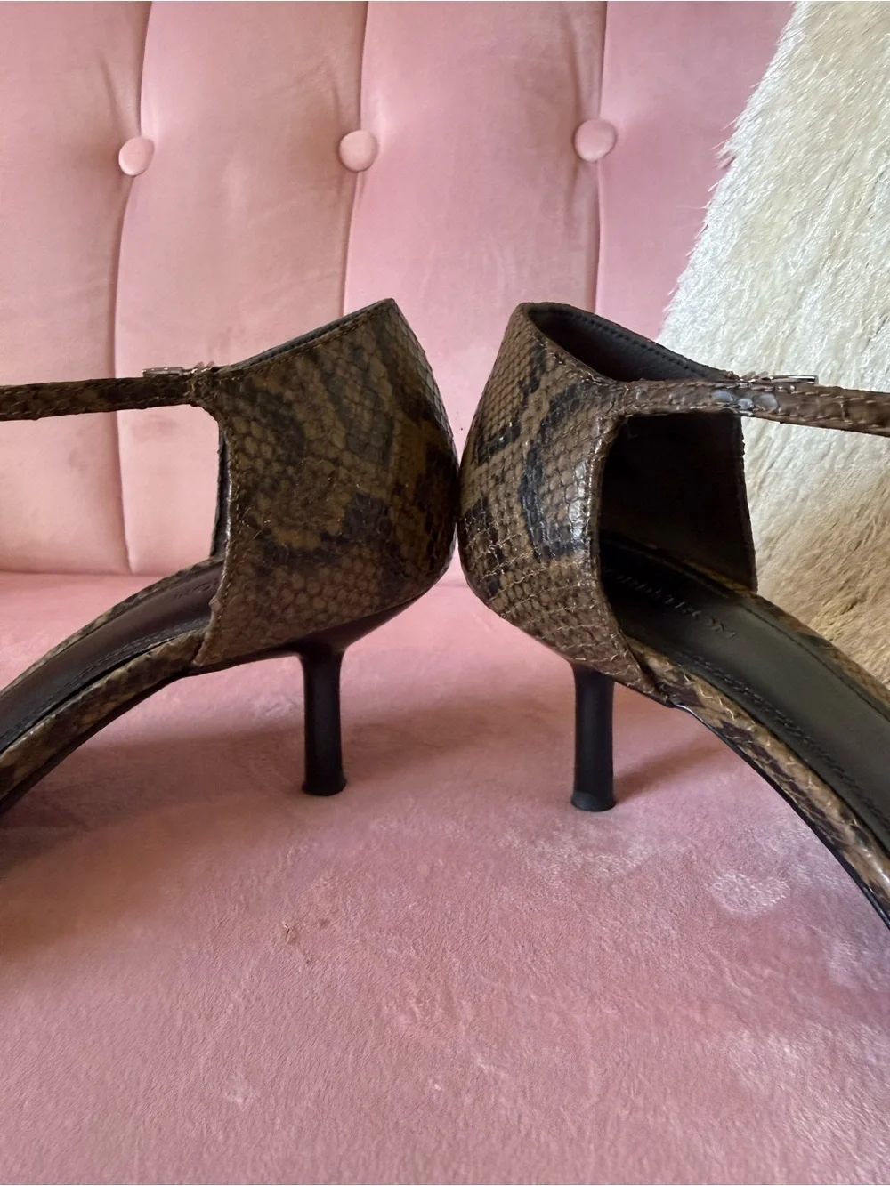 NORDSTROM Women's Brown & Black Snake-Print Leather Ankle Strap Heels. Size 7.5